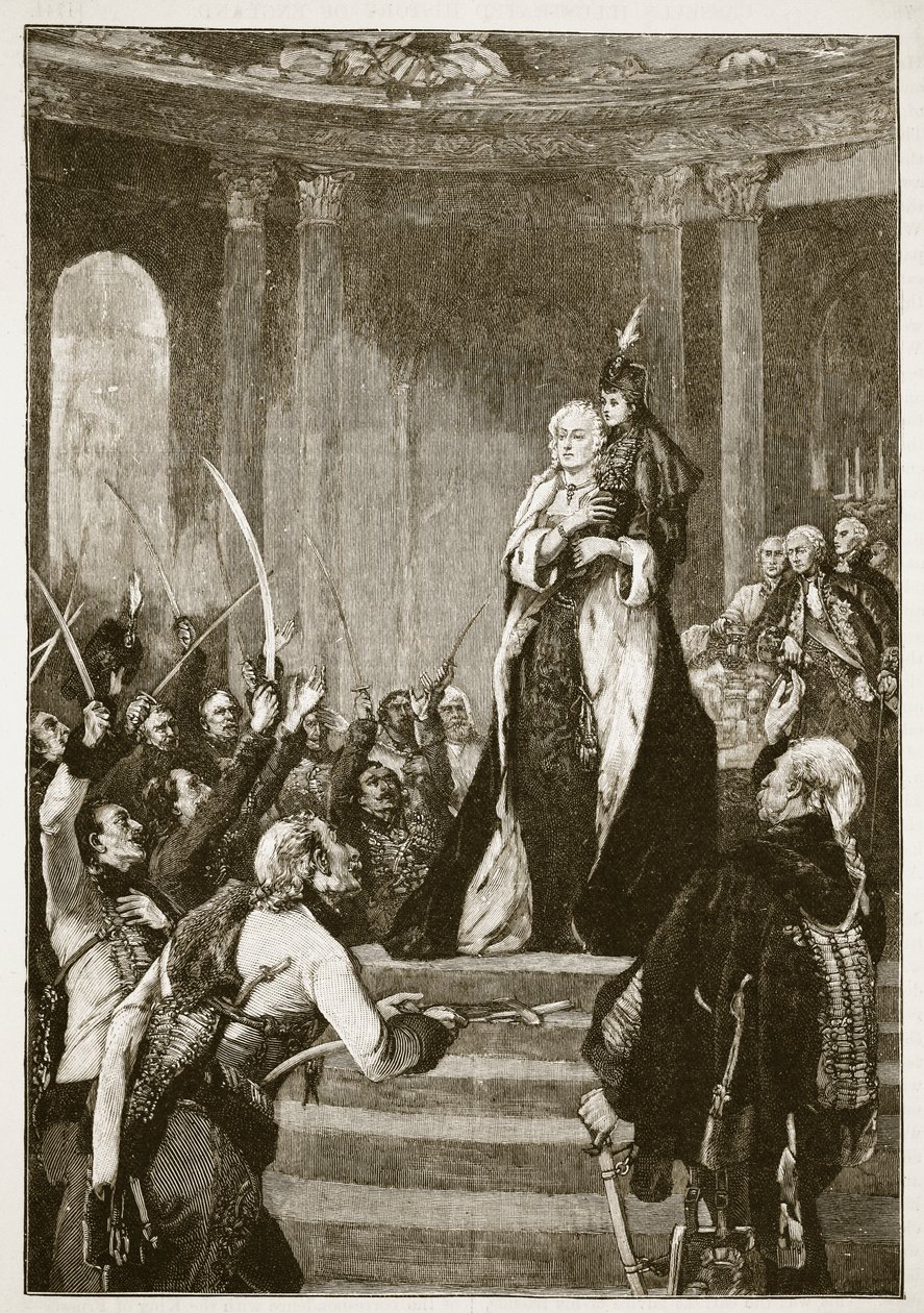 ماريا تيريزا والبرلمان المجري ، رسم توضيحي من Cassells Illustrated History of England (sepia photo) بواسطة مدرسة اللغة الإنجليزية