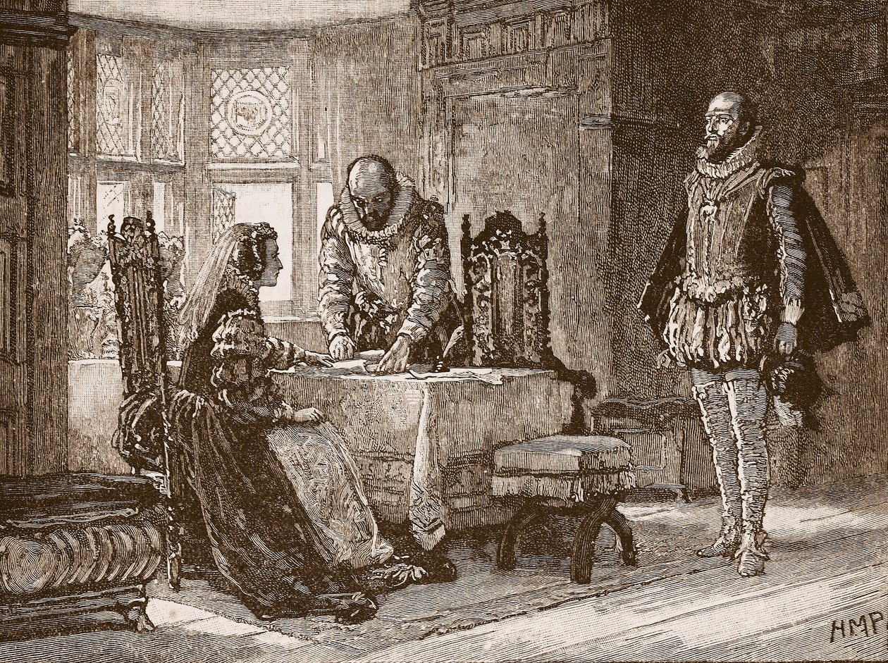 ماري توقع صك التنازل في قلعة Lochleven ، رسم توضيحي من Cassells Illustrated History of England (sepia photo) بواسطة مدرسة اللغة الإنجليزية