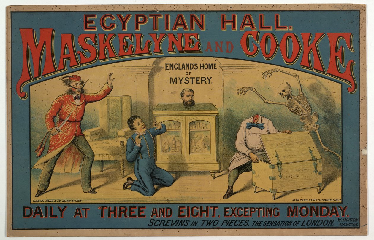 ماسكلين وكوك في القاعة المصرية حوالي عام 1880 (لون ليثو) بواسطة مدرسة اللغة الإنجليزية