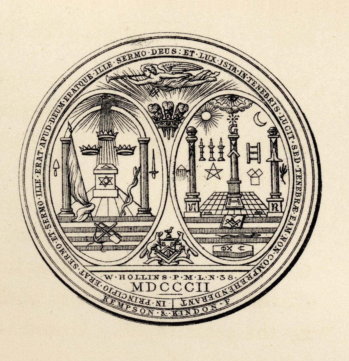 ختم ماسوني ، 1802 ، من "تاريخ الماسونية ، المجلد الثالث" ، نشره توماس سي جاك ، لندن ، 1883 بواسطة مدرسة اللغة الإنجليزية