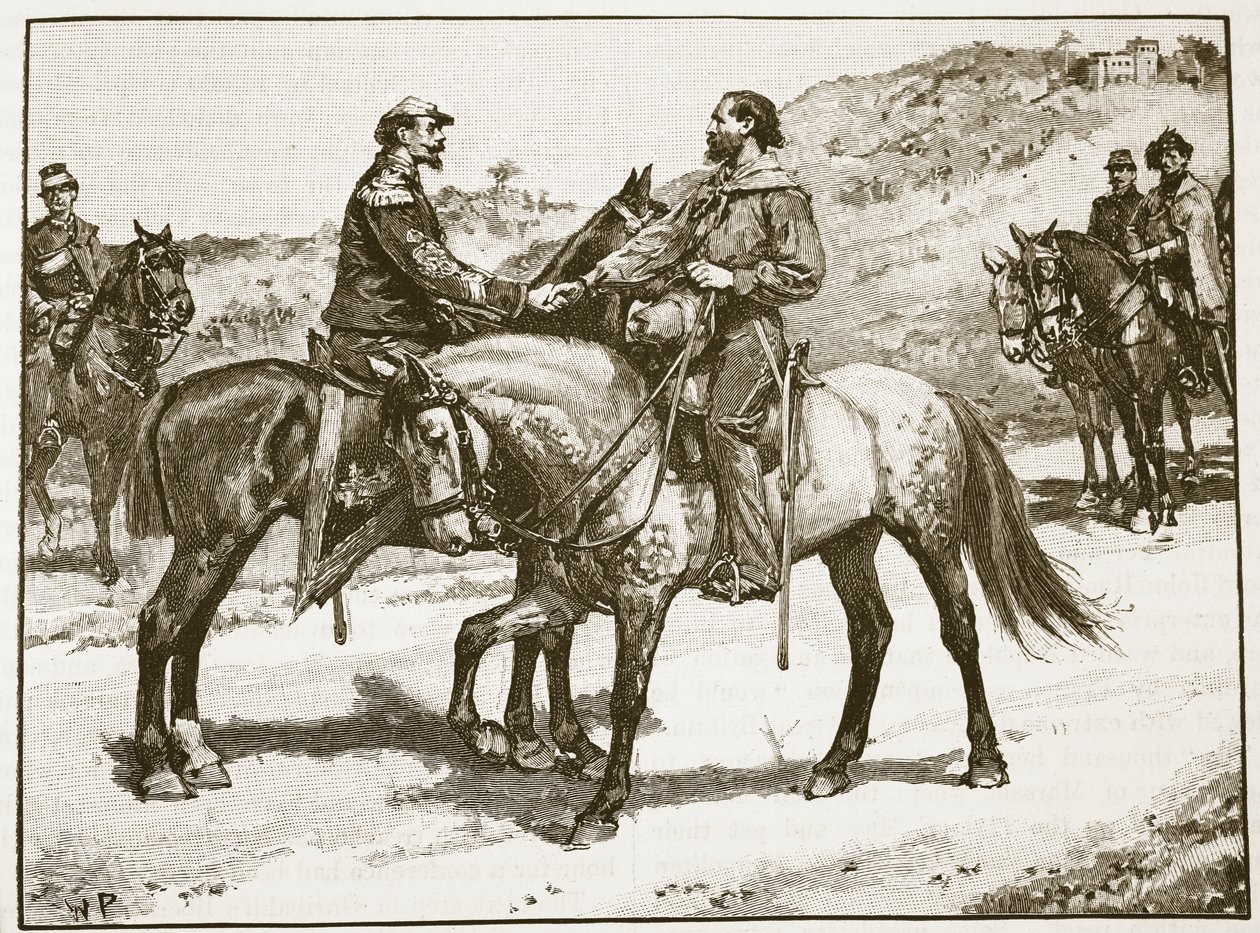 اجتماع غاريبالدي وفيكتور إيمانويل ، رسم توضيحي من Cassells Illustrated History of England (sepia photo) بواسطة مدرسة اللغة الإنجليزية