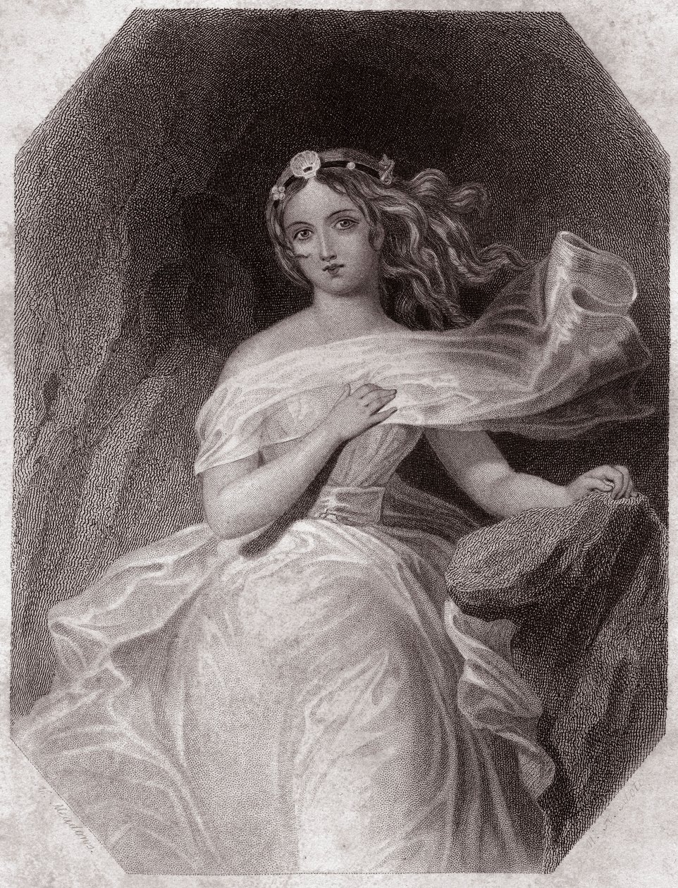 Miranda (The Tempest - La Tempete) في - "" Galerie des femmes de Shakespeare ، مجموعة من خمسة وأربعين صورة جادة من قبل الفنانين الأوائل في لندن ، تم إثرائها بالإشعارات النقدية والأدبية "" حوالي عام 1838 - من "" معرض النساء شكسبير ، بواسطة مدرسة اللغة الإنجليزية
