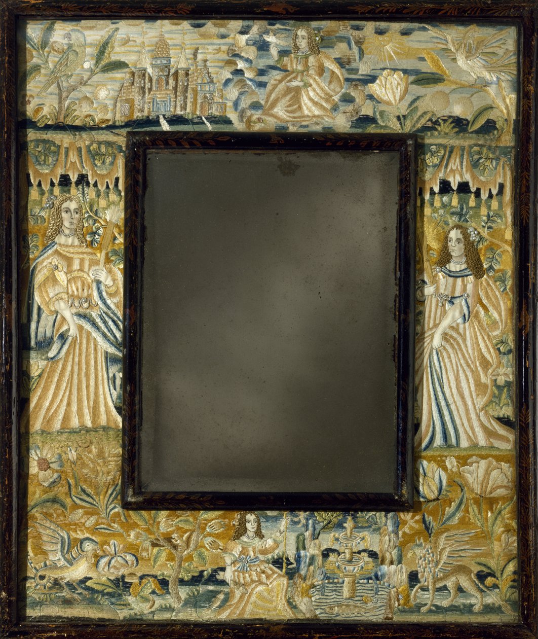 Mirror with Raised-Work Embroidery, c. 1650-1700 (beads, metallic purl, lace, silk, linen, wood, glass) بواسطة مدرسة اللغة الإنجليزية