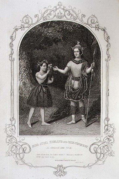 الآنسة جوليا هارلاند وملكة جمال كونكويست بدور أوبيرون وبك ، المشهد الثاني من فيلم A Midsummer Night's Dream ، من نمط daguerreotype بواسطة Paine of Islington ، محفور بواسطة J. Moore، pub. بواسطة John Tallis & Co. (litho) بواسطة مدرسة اللغة الإنجليزية