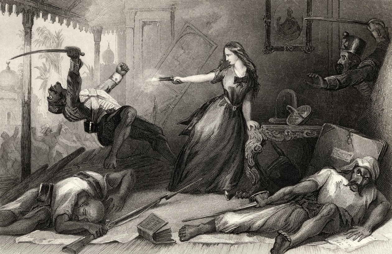 ملكة جمال ويلر تدافع عن نفسها ضد Sepoys في Cawnpore في عام 1857 ، من "تاريخ التمرد الهندي" ، نشر في عام 1858 (النقش) بواسطة مدرسة اللغة الإنجليزية