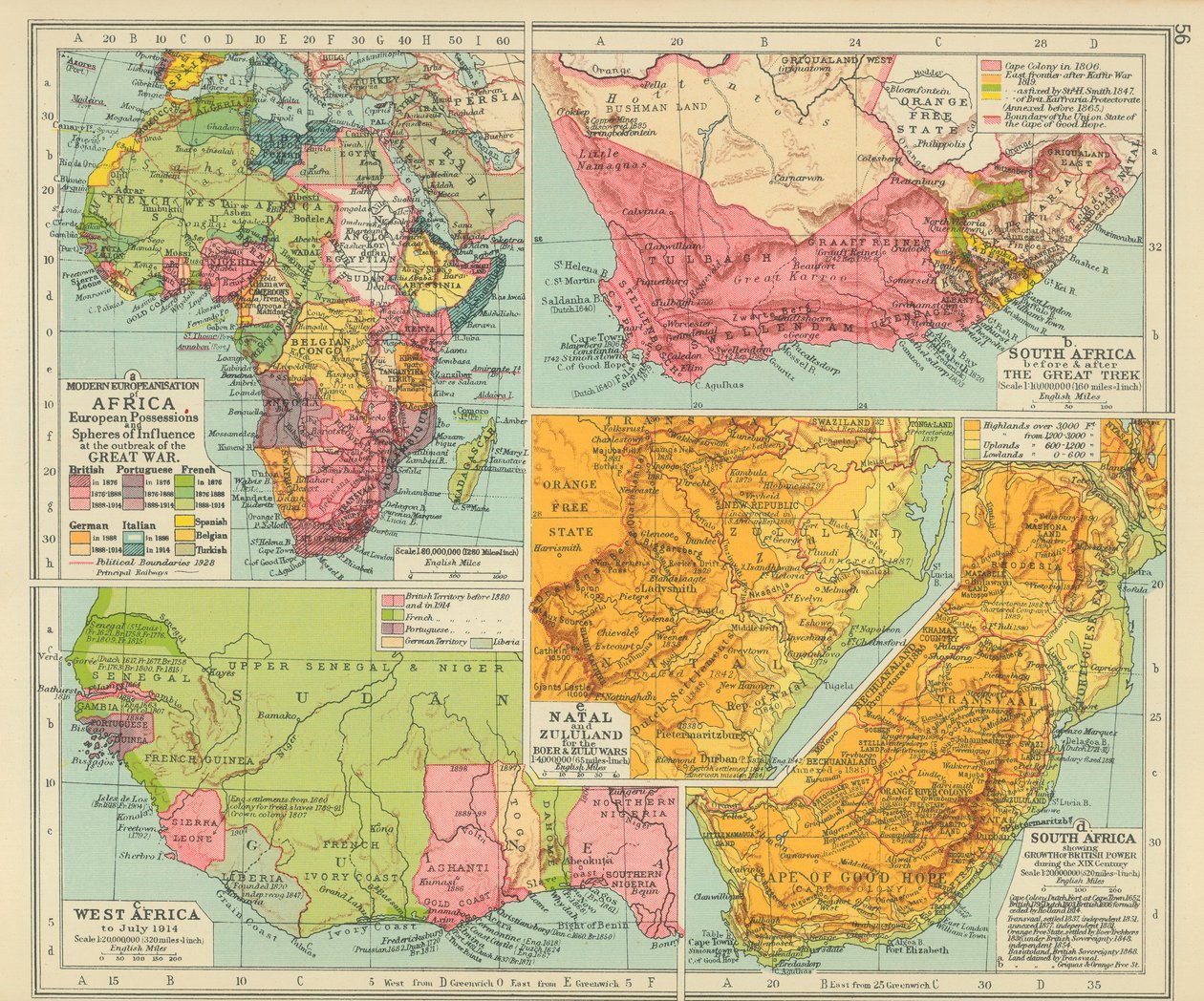 التمدين الأوروبي الحديث لأفريقيا الحيازات الأوروبية الحديثة ومناطق النفوذ الأوروبي عند اندلاع الحرب العظمى (مطبوع بالألوان) بواسطة مدرسة اللغة الإنجليزية