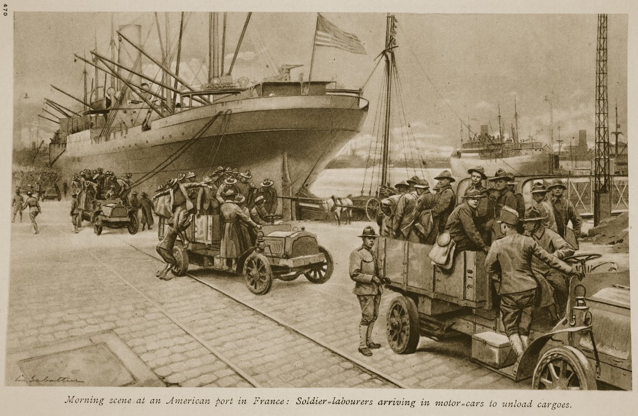 مشهد الصباح في ميناء أمريكي في فرنسا: وصول جنود من الجنود في سيارات لتفريغ البضائع ، 1914-1919 بواسطة مدرسة اللغة الإنجليزية