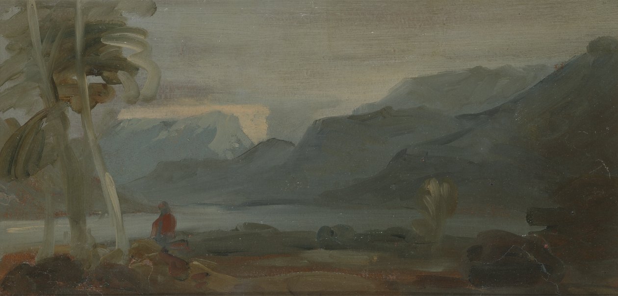 منظر طبيعي جبلي بأشكال وماشية ، يُنسب سابقًا إلى JMW Turner (1775-1851) ويُنسب أيضًا إلى Peter de Wint (1784-1849) ، 1806-07 (زيت على ورق) بواسطة مدرسة اللغة الإنجليزية
