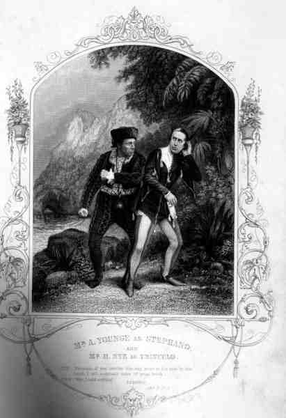 السيد A. Younge مثل ستيفانو والسيد N. Hye في دور Trinculo ، الفصل الثالث المشهد 2 ، في The Tempest ، بواسطة William Shakespeare (1564-1616) نقش بواسطة G. Greatbach من daguerreotype بواسطة JP Mayall (1810-1901) (نقش) بواسطة مدرسة اللغة الإنجليزية