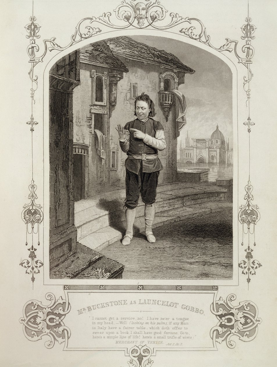 السيد Buckstone مثل لانسلوت جوبو ، القانون الثاني المشهد 2 ، في تاجر البندقية بقلم ويليام شكسبير (1564-1616) بواسطة مدرسة اللغة الإنجليزية