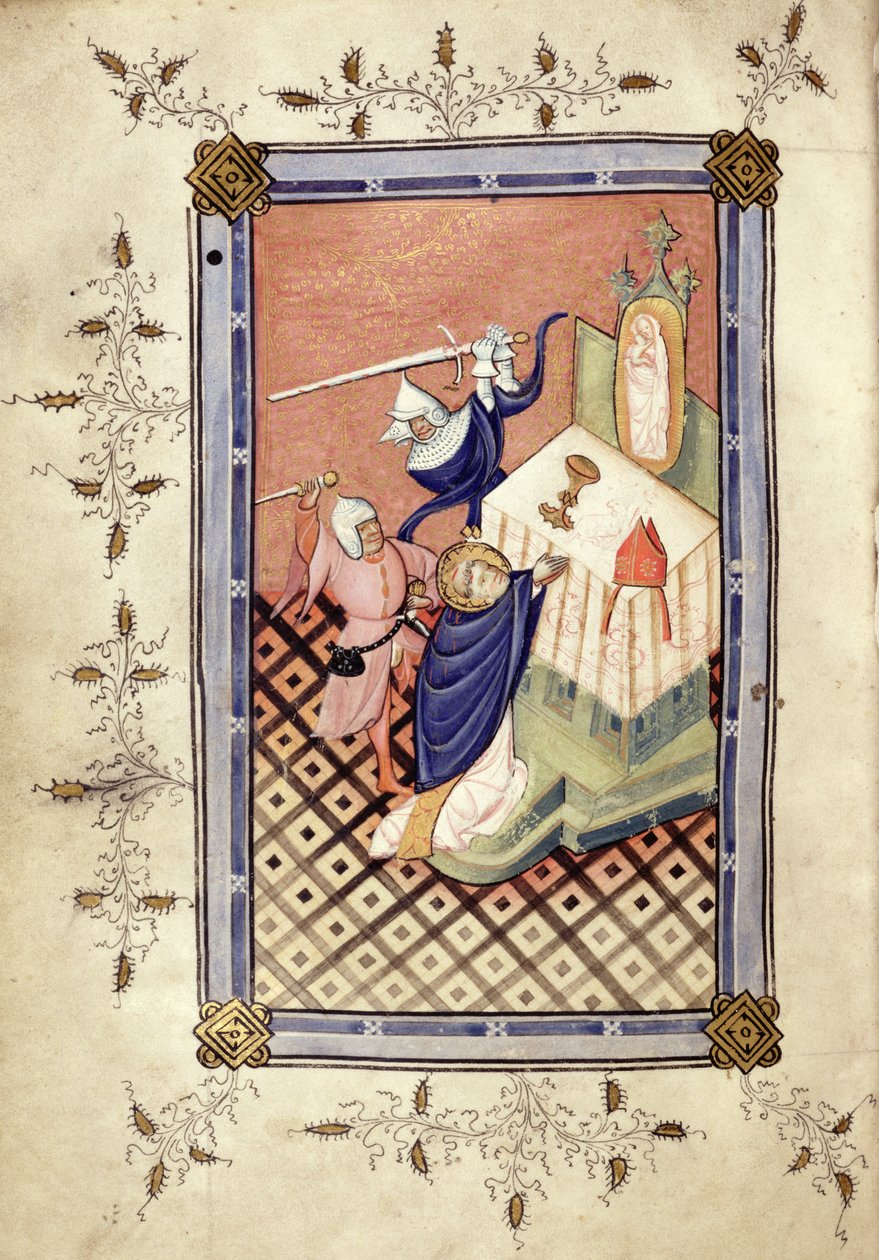 Ms.49 f.18v سانت توماس من كانتربري (c.1118-70) يتعرض للهجوم من قبل اثنين من الفرسان ، Horae ، c.1420-30 بواسطة مدرسة اللغة الإنجليزية