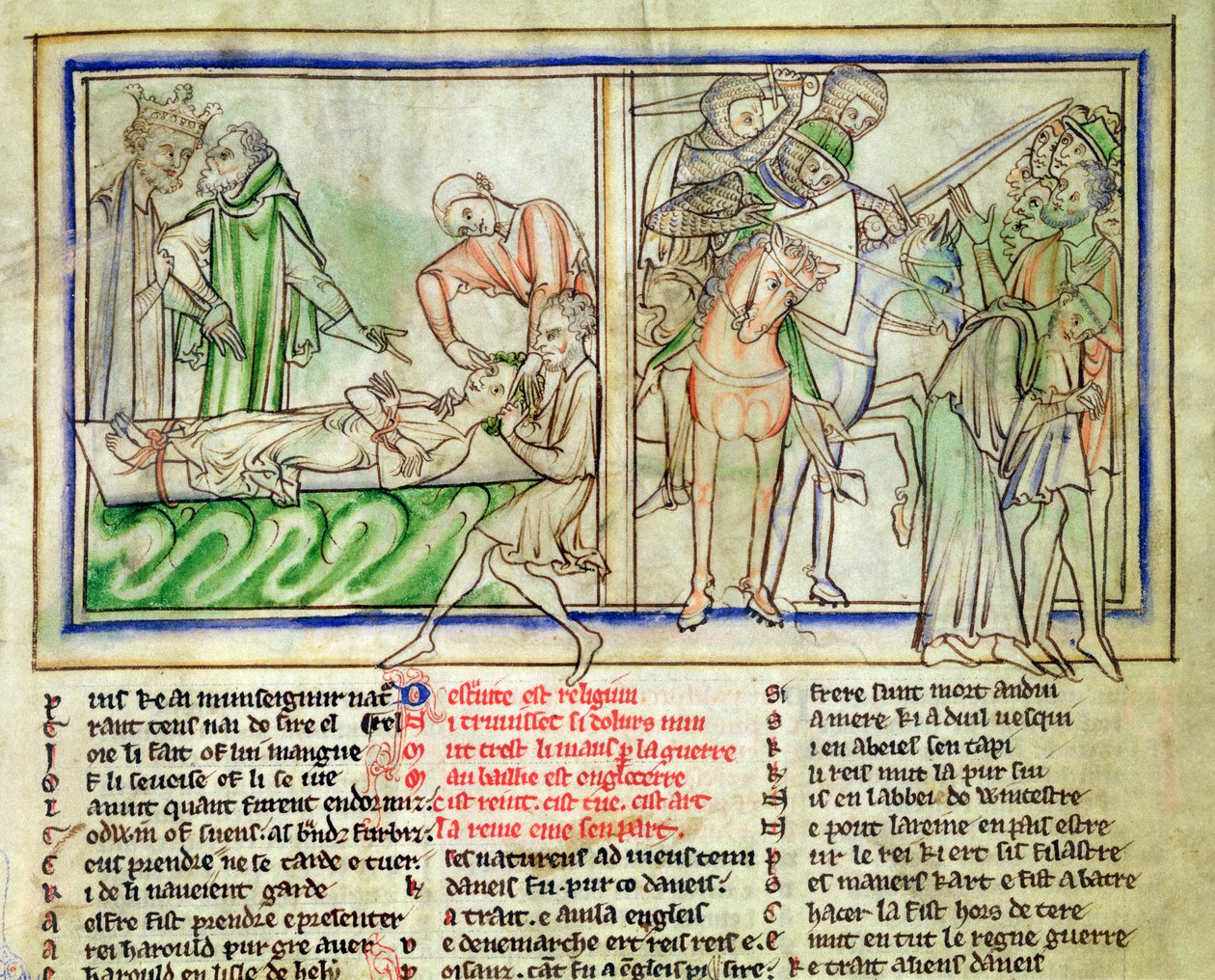 Ms.Ee.3.59 fol.6r هارالد هارفوت يشرف على تعذيب المؤمنين واضطهاد شعب إنجلترا ، من حياة القديس إدوارد المعترف ، c.1250-60 بواسطة مدرسة اللغة الإنجليزية