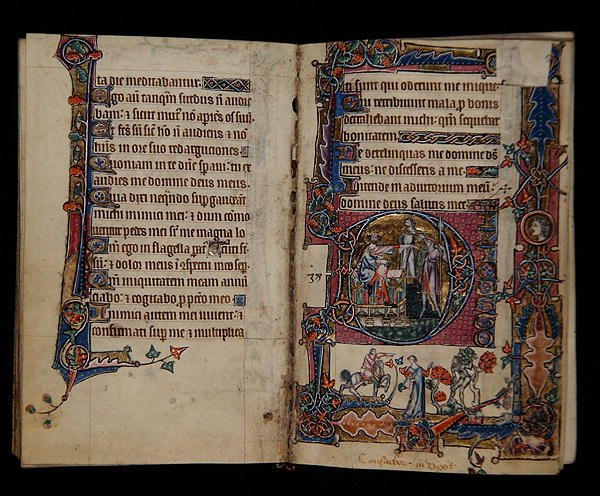 Ms 1-2005، ff.57v-58r: أرسل شاول Doeg لقتل كهنة نوب ، مؤرخًا بالأحرف الأولى من Macclesfield Psalter ، Use of Sarum ، East Anglia ، c.1330 (رق) بواسطة مدرسة اللغة الإنجليزية