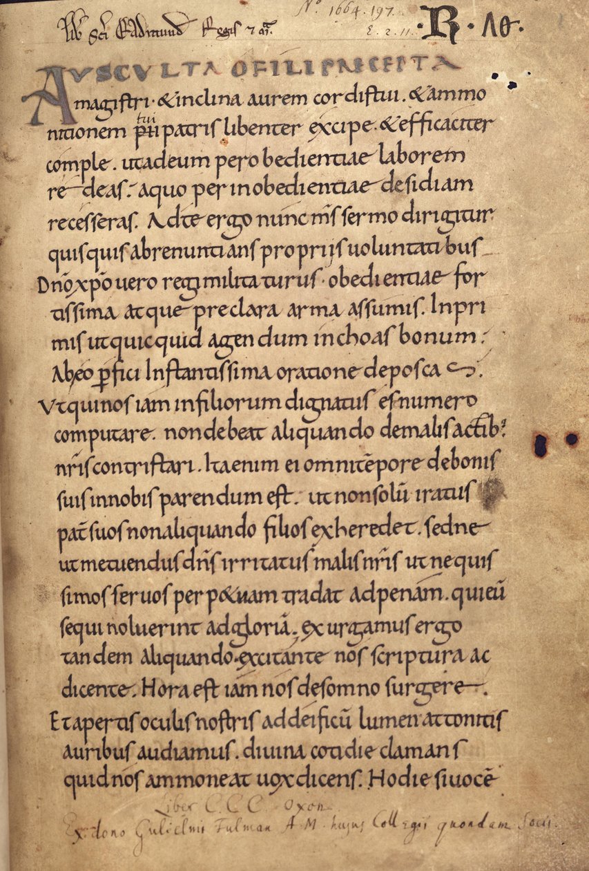 السيدة 197 f.1r حكم سانت بينيديكت بواسطة مدرسة اللغة الإنجليزية