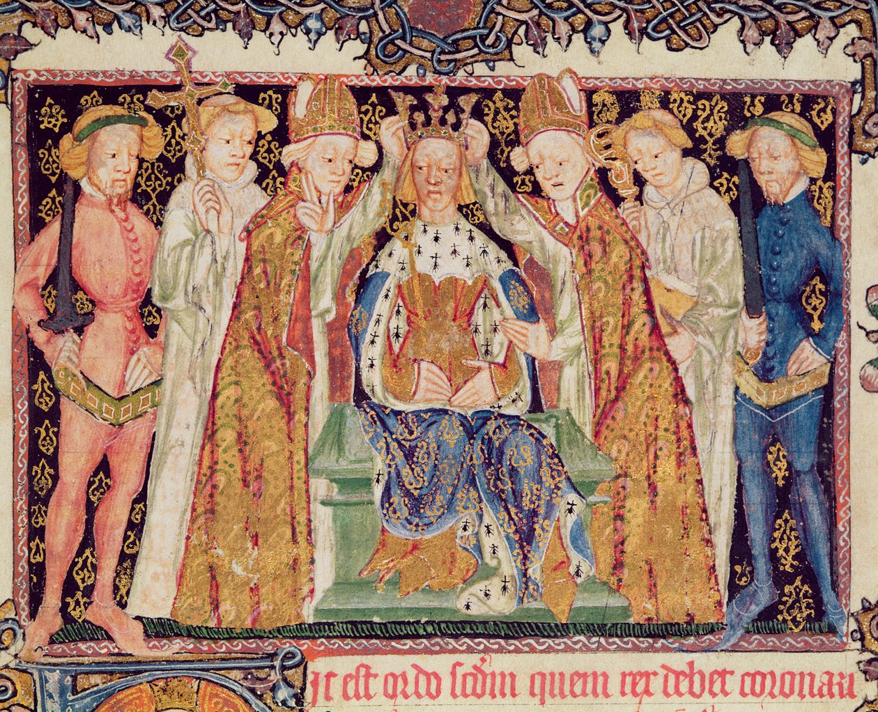 Ms 197 f.3r تتويج ملك من Liber Regalis بواسطة مدرسة اللغة الإنجليزية