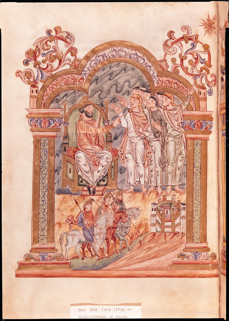 Ms 274 (Y-6) fol.36v المجوس الزائر الملك هيرودس ، من كتاب ملكة جمال روبرت جوميج ، c.1016 بواسطة مدرسة اللغة الإنجليزية