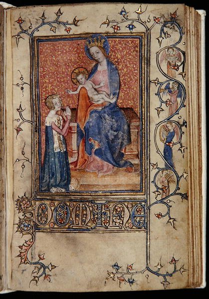 Ms 48، f.86r: صاحب المخطوطة يصلي للعذراء والطفل ، من Carew-Poyntz Hours، Use of Sarum، حوالي 1390-1400 (ورق) بواسطة مدرسة اللغة الإنجليزية