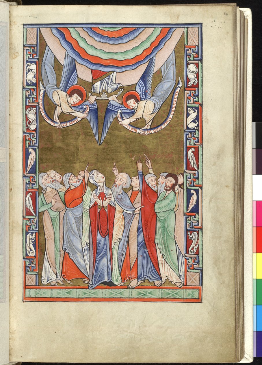 السيدة هنتر 229 f.14r الصعود، من سفر المزامير هانتيري، c.1170 (قلم وحبر ودرجة حرارة على الرق) بواسطة مدرسة اللغة الإنجليزية