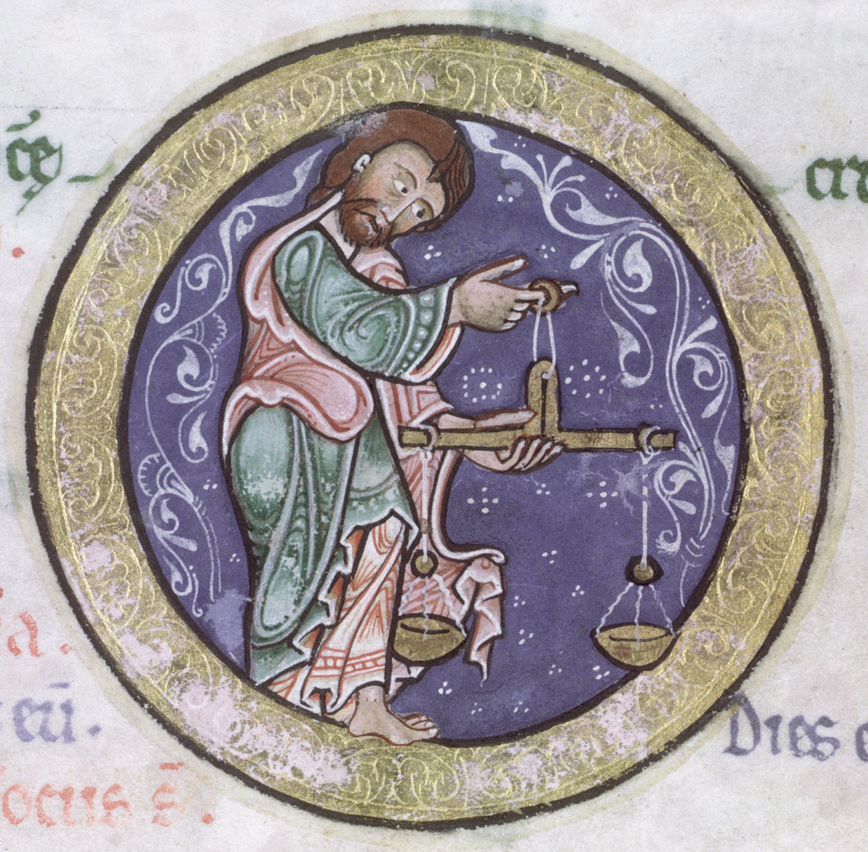 السيدة هانتر 229 f.5r الميزان ، من Hunterian Psalter ، c.1170 (قلم وحبر وتمبرا على ورق) (التفاصيل) بواسطة مدرسة اللغة الإنجليزية