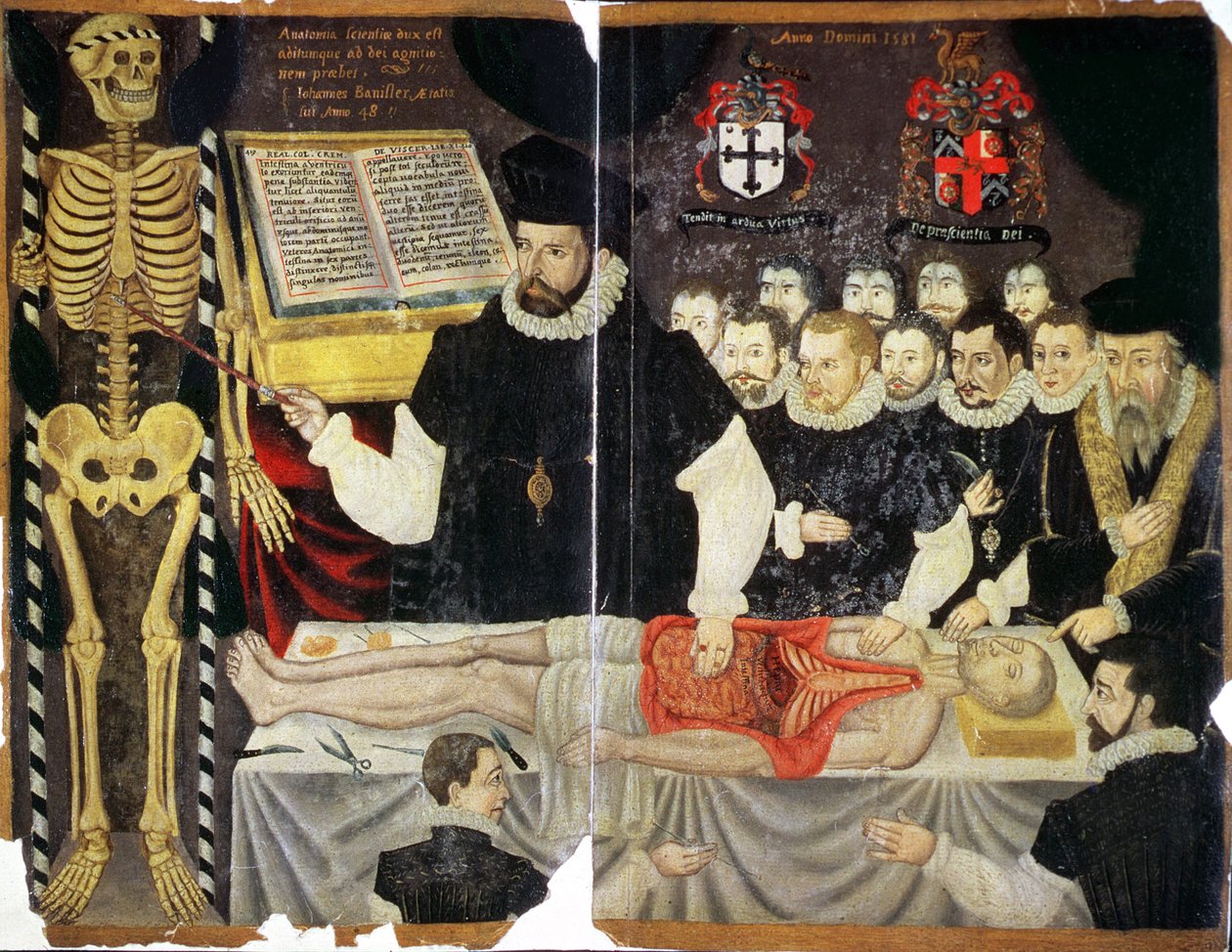 MS Hunter 364 Top v14 fol.59 Frontispiece، John Bannister Lecture with Chissection (زيت على ورق بني) بواسطة مدرسة اللغة الإنجليزية