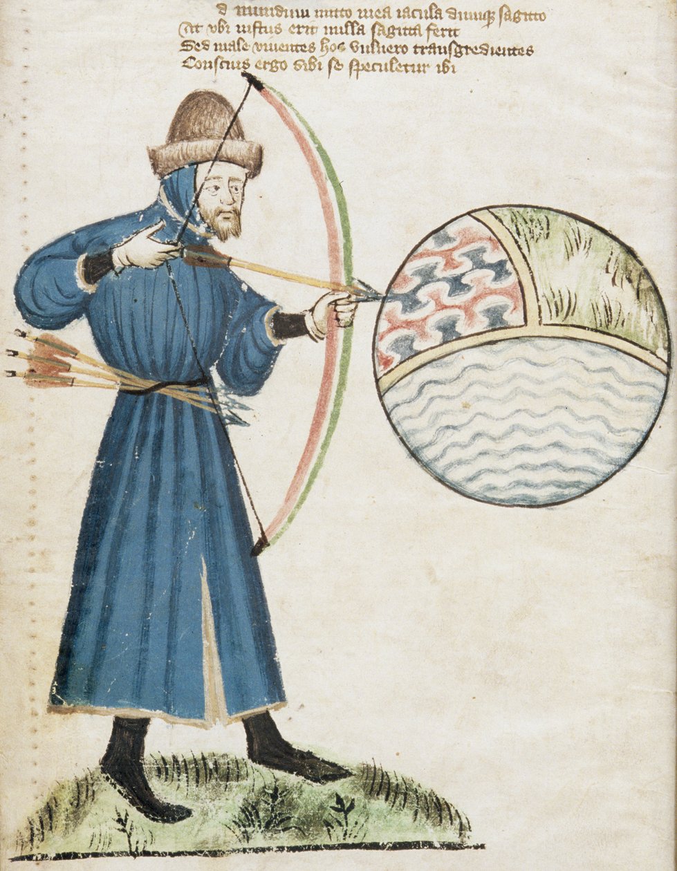 السيدة Hunter 59 f.6v Archer Firing at a Globe ، من Vox Clamatis بواسطة John Gower (1330-1408) بواسطة مدرسة اللغة الإنجليزية