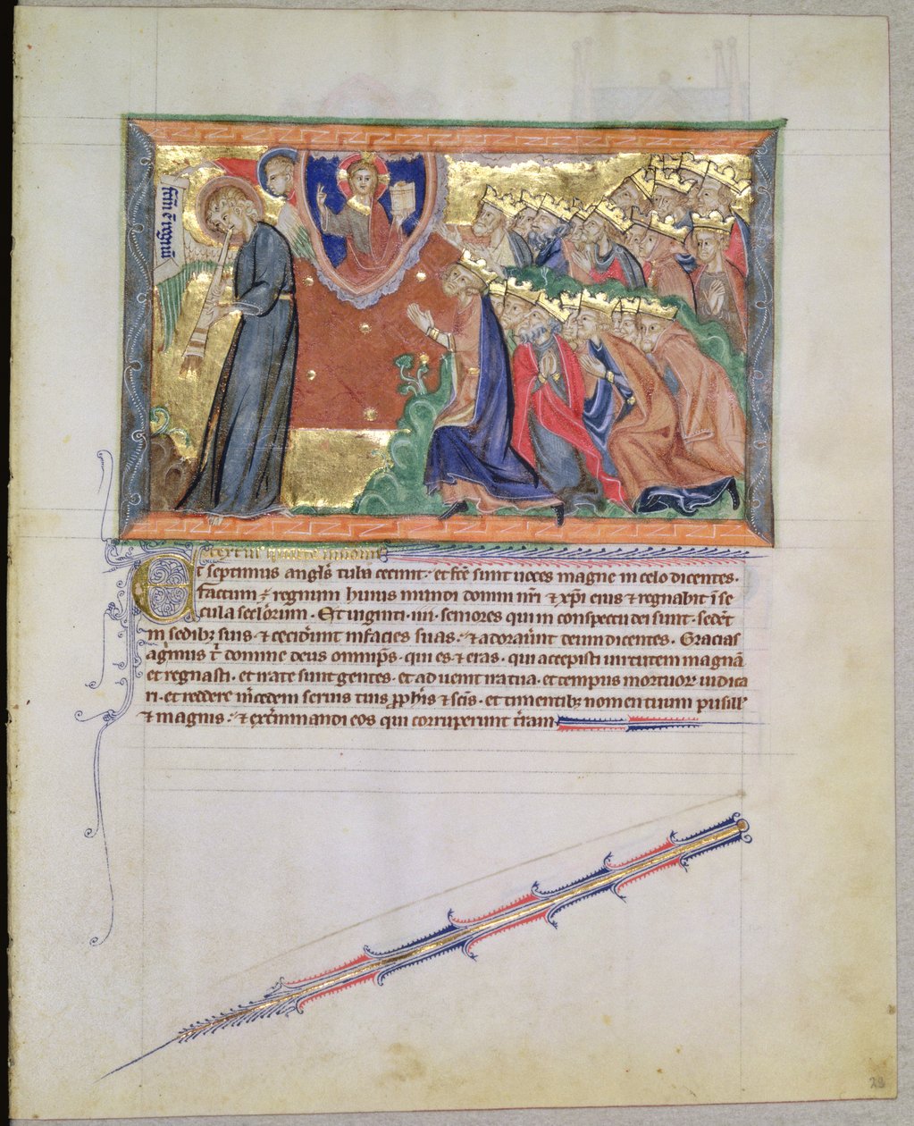 السيدة LA 139-Lisboa fol.28 الملاك السابع ينفخ في بوقه و 24 حكمًا يعبدون الله ، من نهاية العالم في غولبنكيان ، c.1265-70 بواسطة مدرسة اللغة الإنجليزية