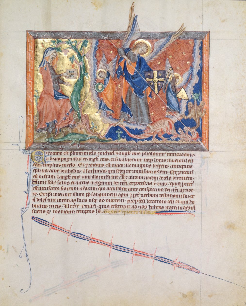 السيدة LA 139-Lisboa fol.30 المرأة المختبئة في الصحراء بينما يحارب رئيس الملائكة ميخائيل التنين في السماء ، من نهاية العالم غولبنكيان ، c.1265-70 بواسطة مدرسة اللغة الإنجليزية