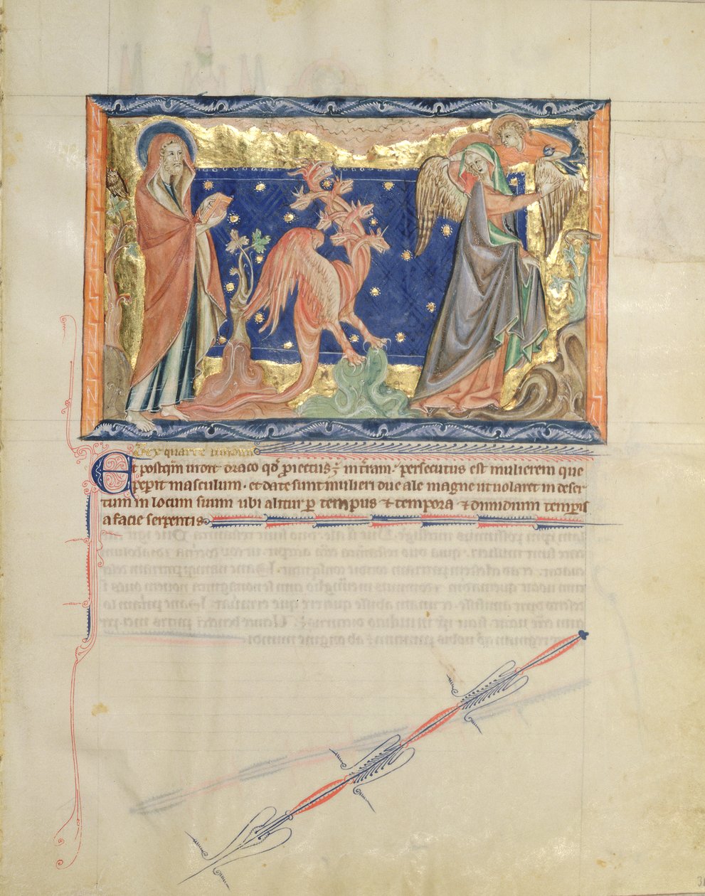 السيدة LA 139-Lisboa fol.31 سانت جون يراقب ملاكًا يساعد المرأة على الهروب من التنين الأحمر ، من نهاية العالم Gulbenkian ، c.1265-70 بواسطة مدرسة اللغة الإنجليزية