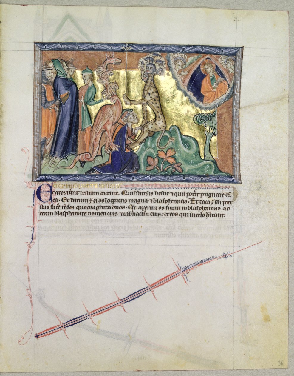 السيدة LA 139-Lisboa fol.36 الرب يشاهد الناس وهم يعبدون وحش البحر في وجود التنين الأحمر ، من نهاية العالم Gulbenkian ، c.1265-70 بواسطة مدرسة اللغة الإنجليزية