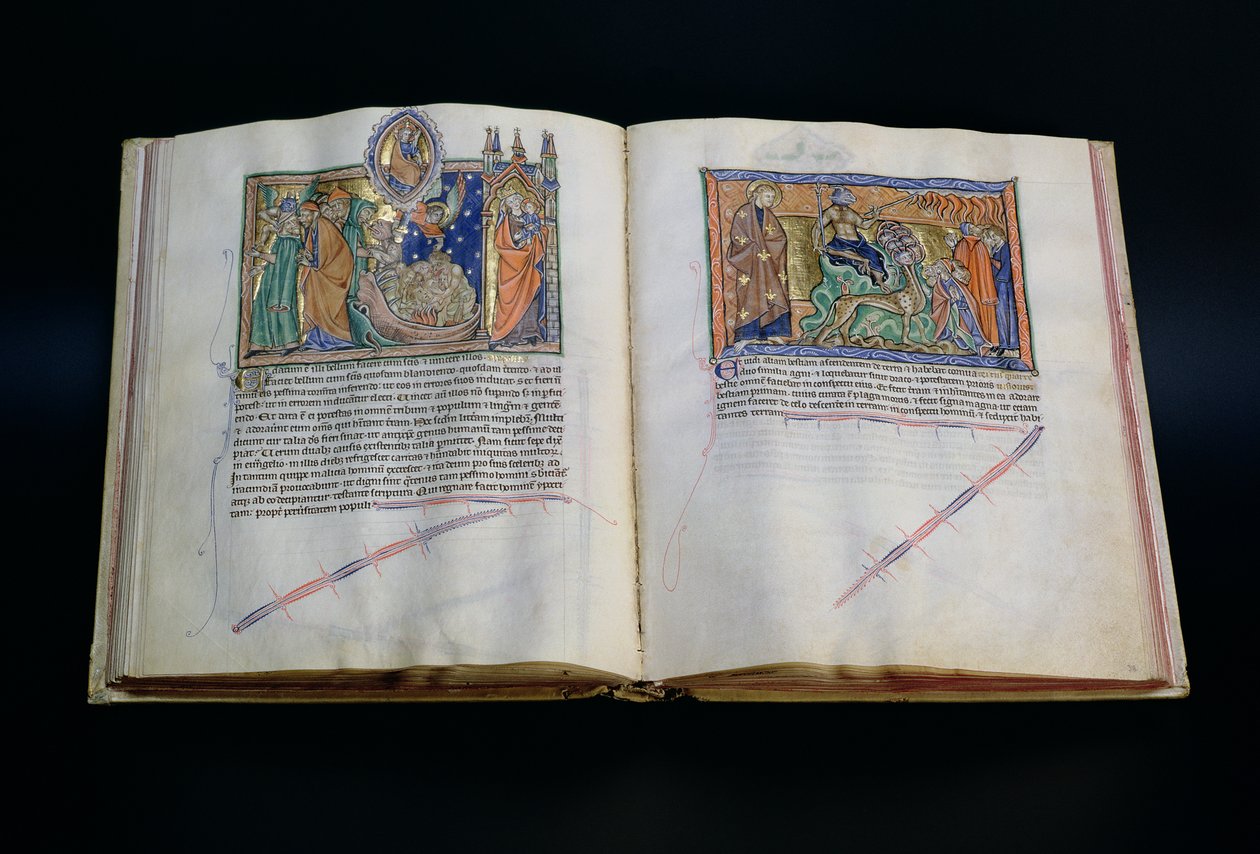 السيدة LA 139-Lisboa fol.37v-38 الوحش الذي يجدف على اسم الآلهة ، والناس يعبدون الوحوش الثالثة والثانية ، من نهاية العالم Gulbenkian ، c.1265-70 بواسطة مدرسة اللغة الإنجليزية