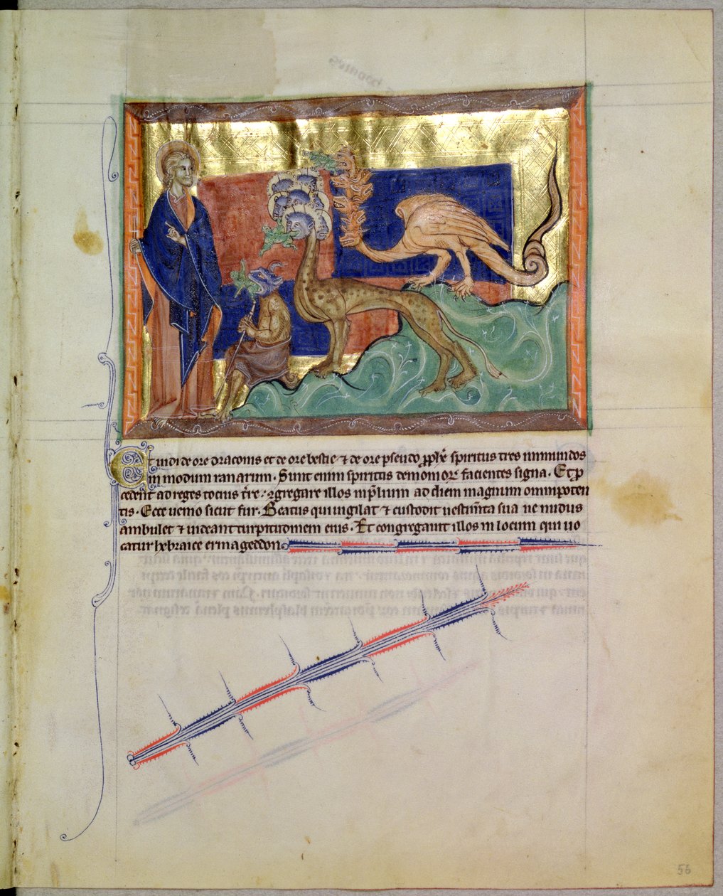 السيدة LA 139-Lisboa fol.56 القديس يوحنا الإنجيلي يراقب الضفادع التي تصدر من أفواه الوحوش الثلاثة ، من نهاية العالم Gulbenkian ، c.1265-70 بواسطة مدرسة اللغة الإنجليزية