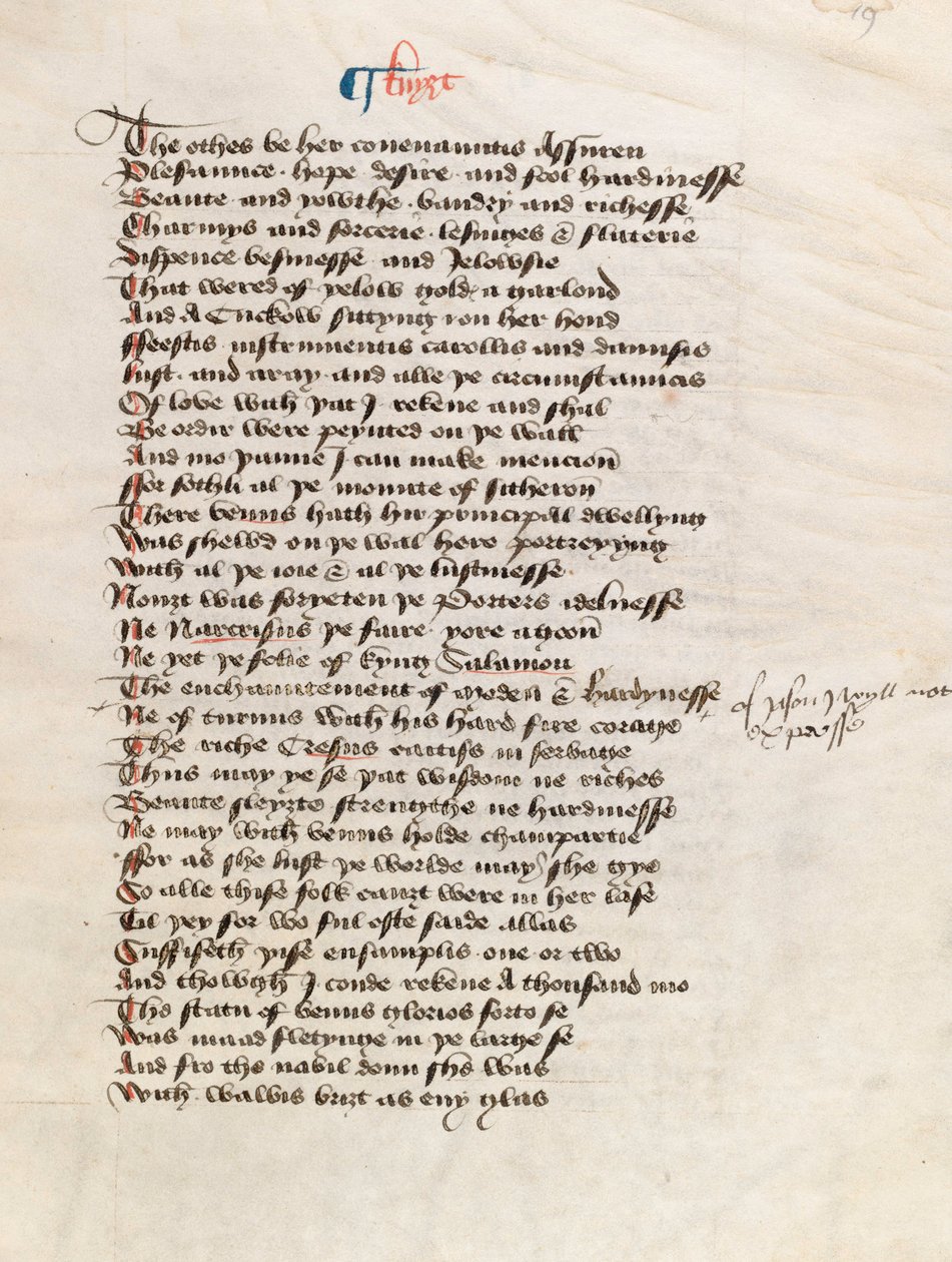 السيدة نيو كول 314 ، f19r ، حكايات كانتربري بقلم جيفري تشوسر (قلم وحبر على رق) بواسطة مدرسة اللغة الإنجليزية