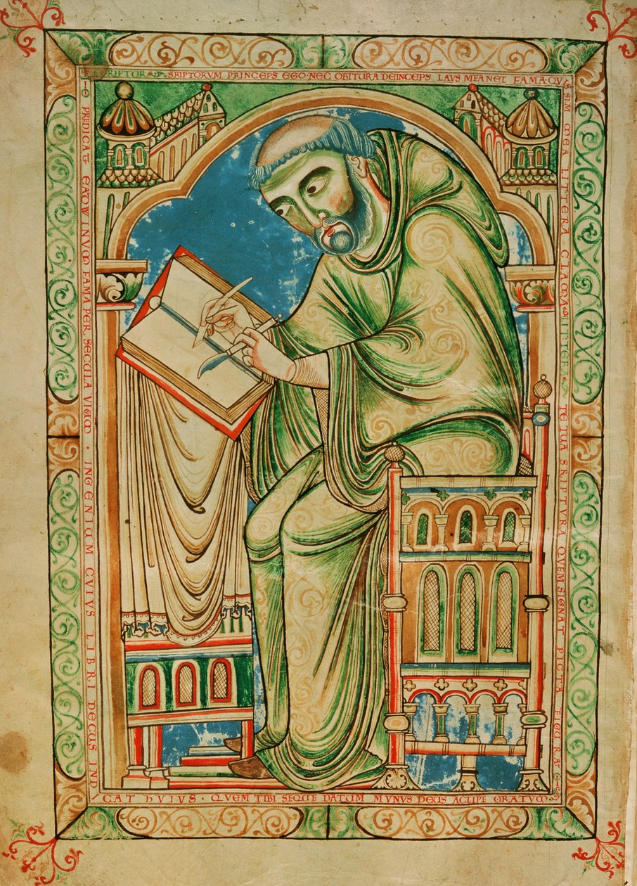 السيدة R 17 I f.283v الراهب Eadwine أثناء العمل على المخطوطة ، Eadwine Psalter ، حوالي 1150 (ورق) بواسطة مدرسة اللغة الإنجليزية