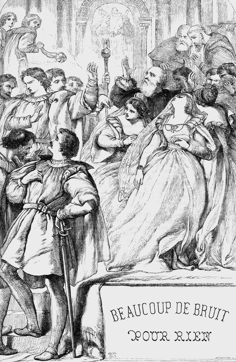 الكثير من اللغط حول لا شيء - رسم توضيحي في "" الأعمال الكاملة لوليام شكسبير "" 1866 - تم استعارة الرسوم التوضيحية والشكل العام لهذه الطبعة من شكسبير المصور لكاسيل ، والذي نُشر في لندن بواسطة مدرسة اللغة الإنجليزية