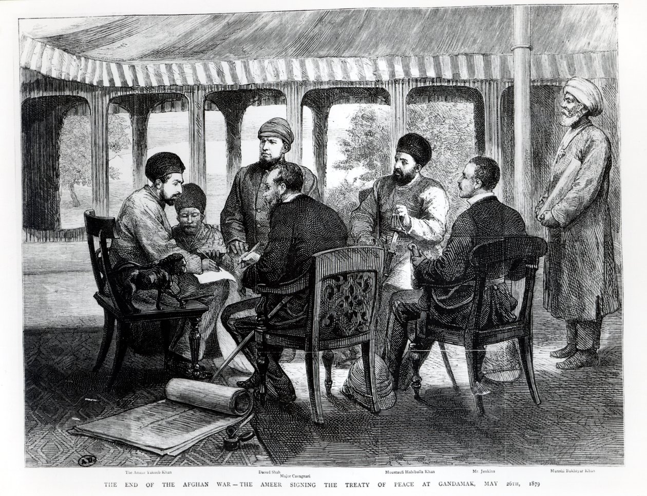محمد يعقوب خان (1849-1923) توقيع معاهدة السلام في جانداماك في 26 مايو 1879 بواسطة مدرسة اللغة الإنجليزية