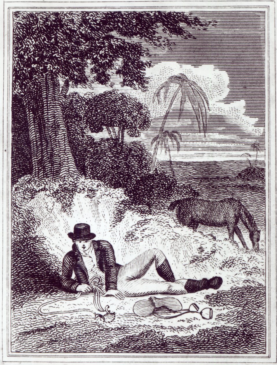 Mungo Park في إفريقيا ، رسم توضيحي من "رحلات في المناطق الداخلية لأفريقيا: تم إجراؤها في السنوات 1795 و 1796 و 1797" ، نُشر في عام 1816 (طباعة) بواسطة مدرسة اللغة الإنجليزية