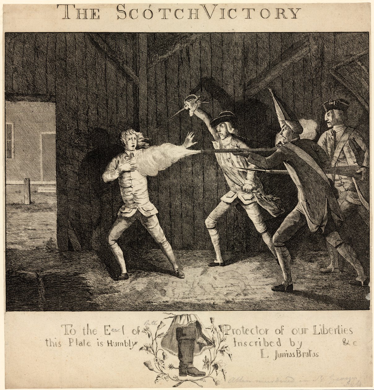 مقتل ويليام ألين بالقرب من حقول سانت جورج في 10 مايو 1768 على يد مفارز اسكتلندية من الجيش (نقش) بواسطة مدرسة اللغة الإنجليزية
