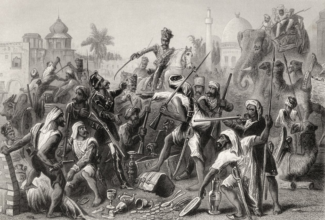 سبويز متمرد ينقسم الغنائم ، من "تاريخ التمرد الهندي" ، نُشر عام 1858 بواسطة مدرسة اللغة الإنجليزية