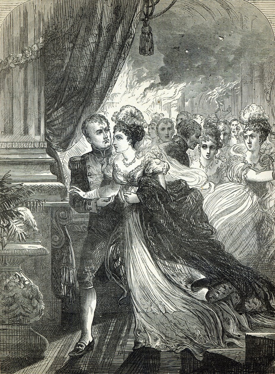 هروب نابليون وماري لويز من النار على الكرة التي قدمها السفير النمساوي في 1 يوليو 1810 تكريما لزواج الزوجين الإمبراطوريين بواسطة مدرسة اللغة الإنجليزية