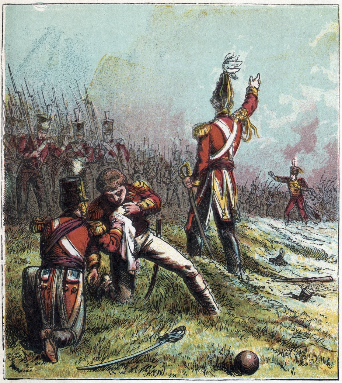 الحرب النابليونية: معركة كورونيا (لاكورونيا) في إسبانيا في 16/1/1809: عارضت الجيش الفرنسي مع الجيش الإنجليزي وشهدت مقتل القائد البريطاني السير جون مور (1761-1809). "وفاة السير جون مور بواسطة مدرسة اللغة الإنجليزية