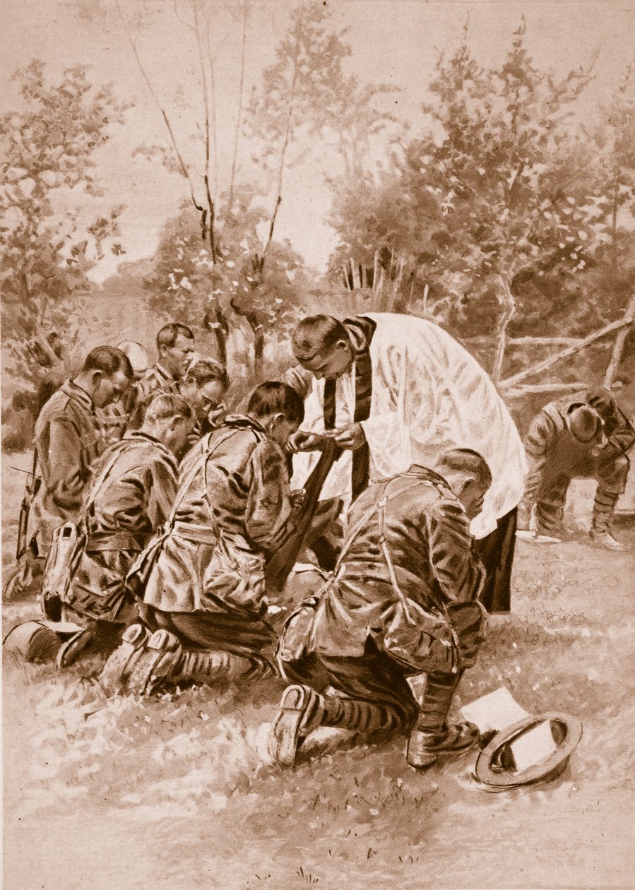 قسيس جيش نيوزيلندا يدير المناولة المقدسة للجنود قبل المعركة ، 1914-1919 بواسطة مدرسة اللغة الإنجليزية