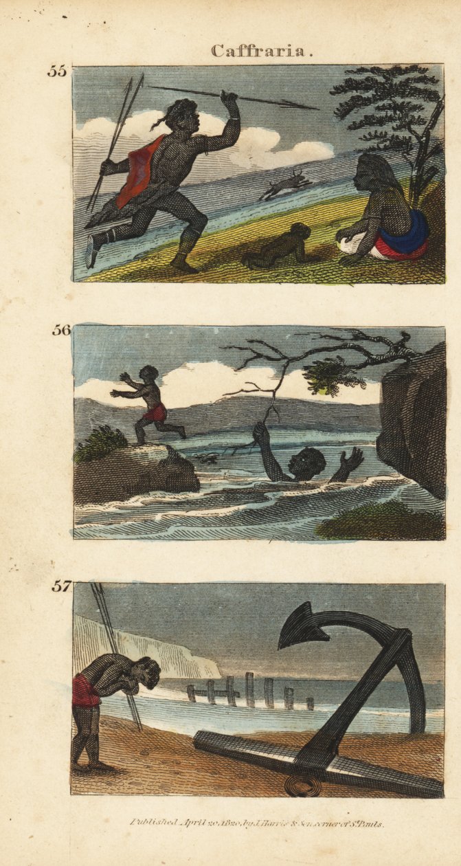 Nguni or Bantu (Kaffir) warrior hunting antelope with spears 55, forsaking a woman drowning in a river 56, and worshipping an anchor from an East India ship 57 بواسطة مدرسة اللغة الإنجليزية