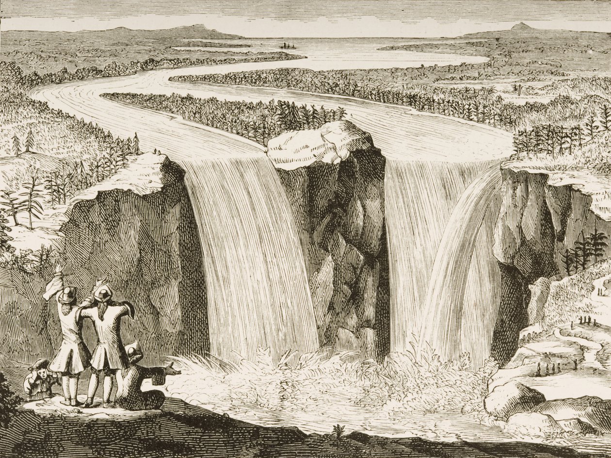 شلالات نياجارا ، بعد رسم رسمه الأب هينيبين عام 1677 ، من "الصور الأمريكية" التي نشرتها جمعية المسالك الدينية ، 1876 بواسطة مدرسة اللغة الإنجليزية