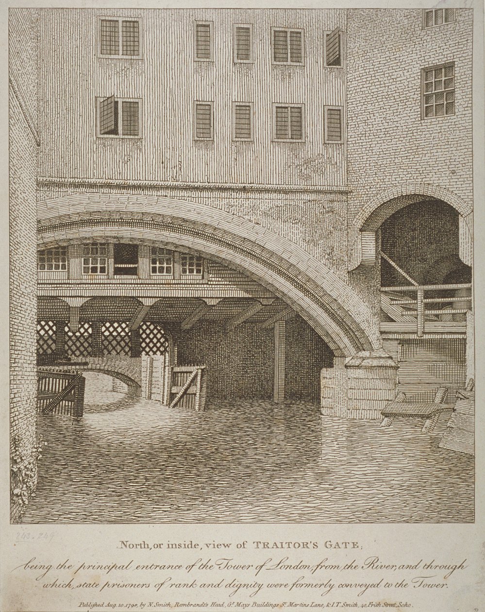 المنظر الشمالي لبوابة الخونة ، برج لندن ، نشره ناثانيل سميث (fl.1740-1802) 1798 بواسطة مدرسة اللغة الإنجليزية