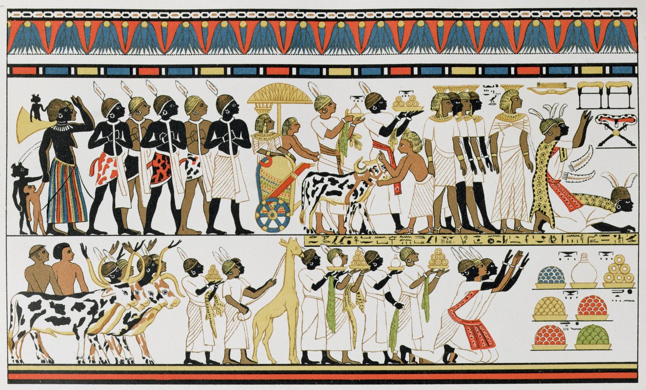 رؤساء النوبة يقدمون الهدايا لملك مصر ، نسخة من لوحة جدارية مصرية قديمة من مقبرة في طيبة ، 1380 قبل الميلاد ، من تاريخ البشرية ، المجلد الثالث ، للأستاذ فريدريش راتزل ، 1898 بواسطة مدرسة اللغة الإنجليزية