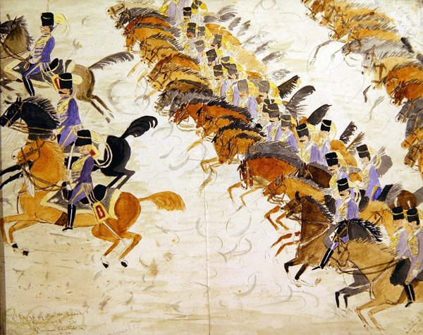 الضباط على ظهور الخيل يركضون حوالي عام 1840 (ألوان مائية على ورق) بواسطة مدرسة اللغة الإنجليزية
