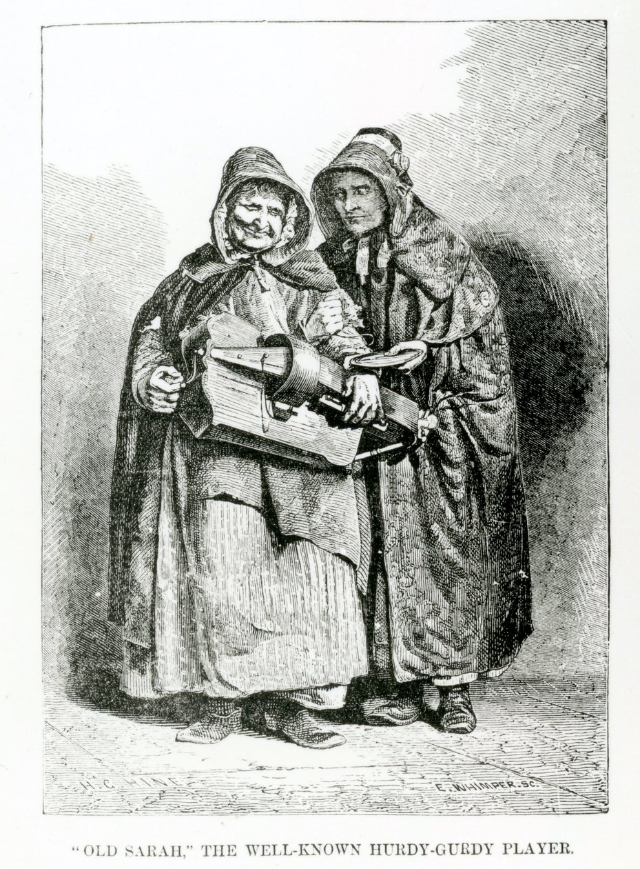 العجوز سارة لاعب Hurdy-Gurdy المعروف جيدًا ، c.1840 بواسطة مدرسة اللغة الإنجليزية
