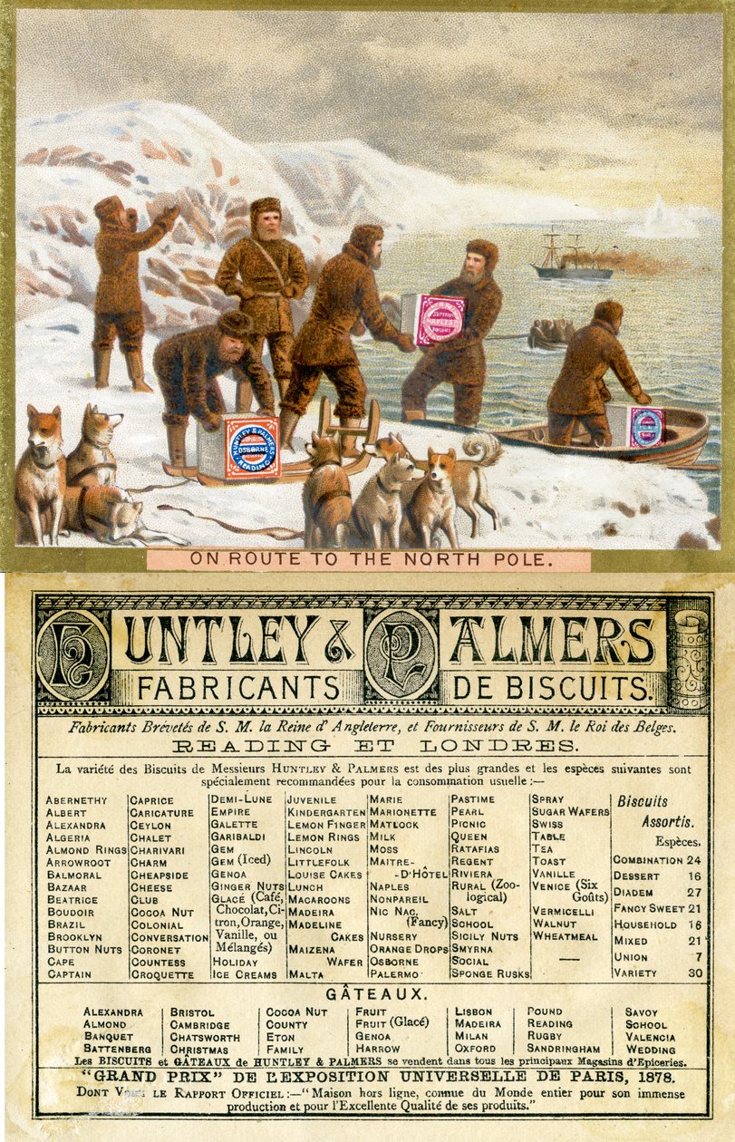 على الطريق إلى القطب الشمالي ، أمام وخلف بطاقة ترويجية لبسكويت Huntley & Palmers ، تم إنتاجها للسوق الفرنسية ، 1890 بواسطة مدرسة اللغة الإنجليزية