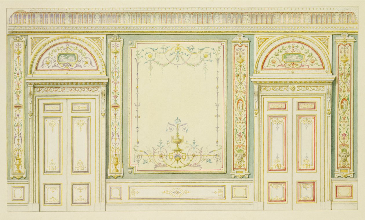 أبواب مزخرفة وديكورات حائط بأسلوب روبرت آدم (1728-92) بواسطة مدرسة اللغة الإنجليزية
