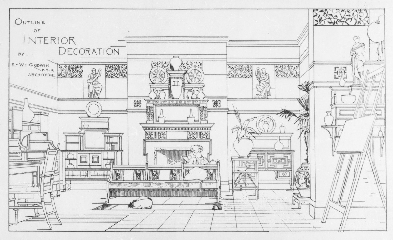 مخطط الديكور الداخلي ، تصميم EW Godwin ، رسم توضيحي من المهندس المعماري البريطاني ، 1 يوليو 1881 بواسطة مدرسة اللغة الإنجليزية